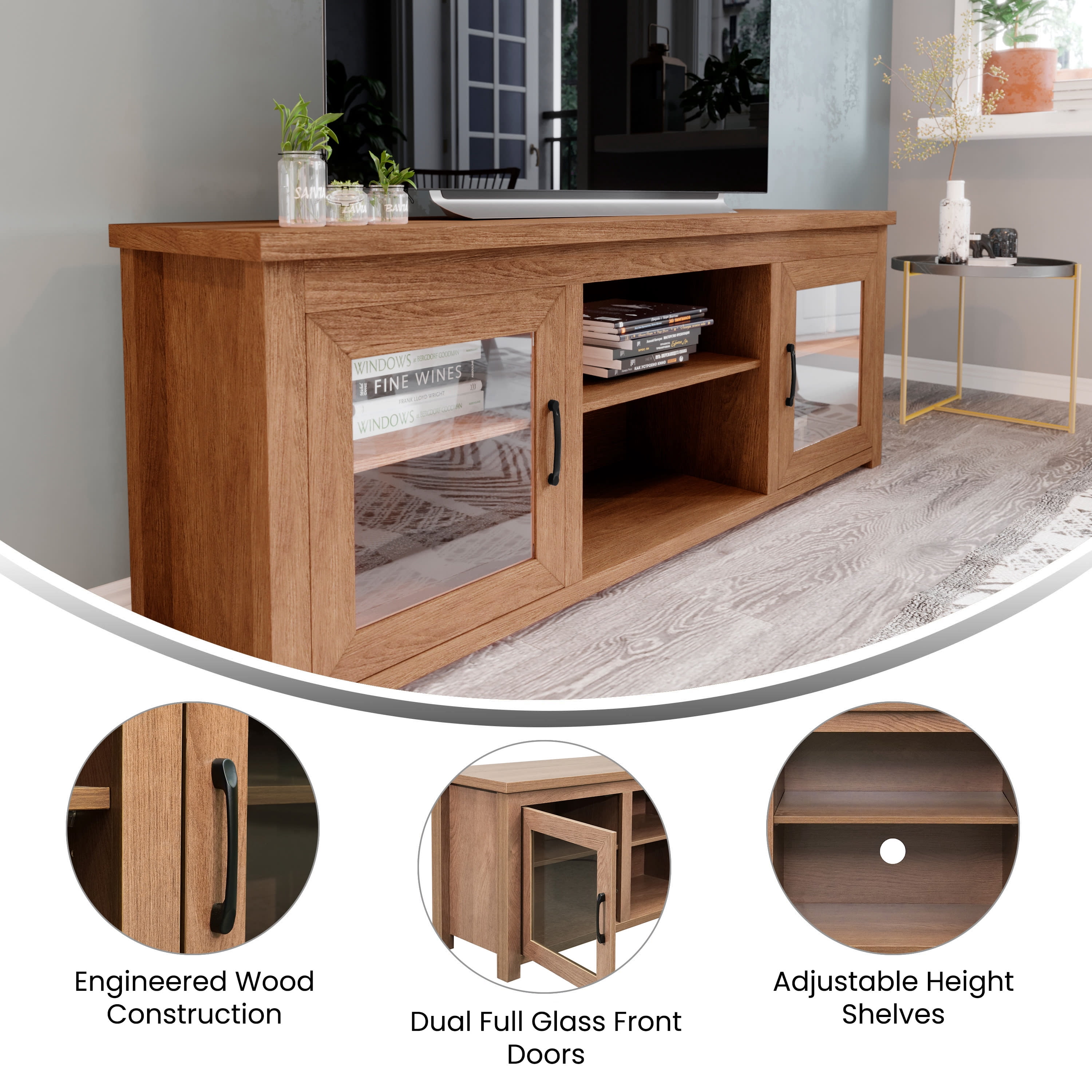 BizChair Sheffield Classic TV Stand for up to 80" TVs - Modern Walnut Finish with Full Glass Doors - 65" Engineered Wood Frame - 3 Shelves
