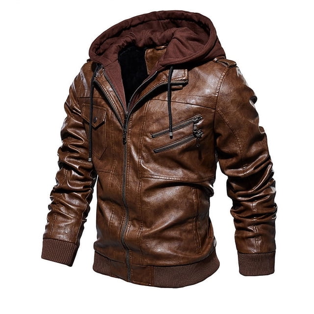 Chaqueta de cuero para hombre, chaqueta de cuero PU fina con capucha de dos piezas para otoño e invierno, estilo europeo y americano