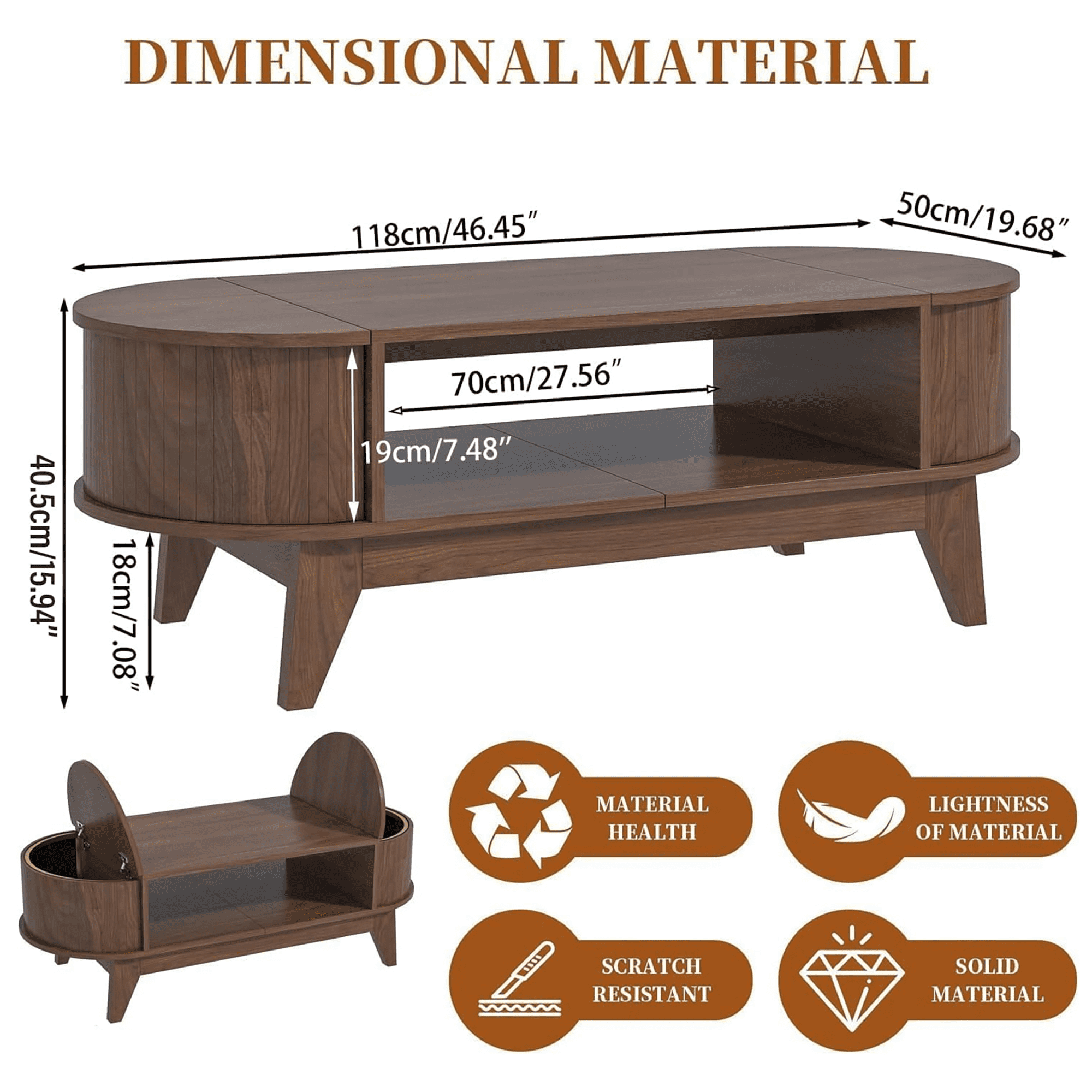 Fluted Coffee Table with Storage, Modern Coffee Tables, Wood Accent Center Table, Walnut