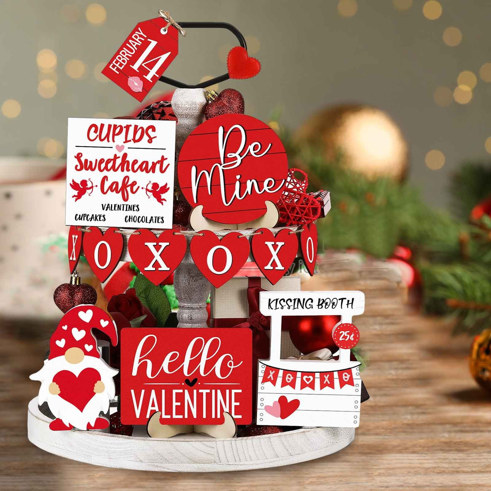 Bjutir Valentine'S Day Tiered Tray Decor Valentine'S Day Table Wooden Sign Decorations Tabletop Farmhouse Coffee Heart Decor Signs For Valentine'S Day Gift Party Home Kitchen Holiday Supplies
