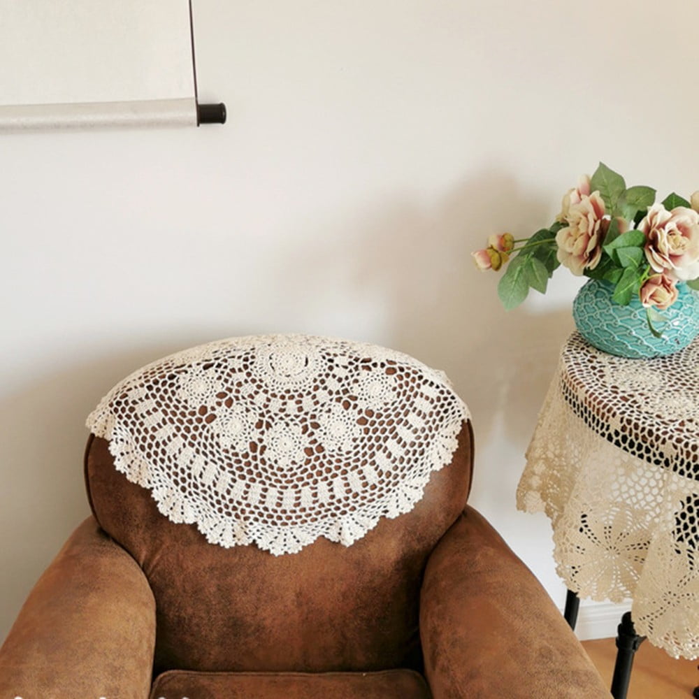 Napperon De Table Rond En Dent De Coton Fait à La Main Beige 60 Cm