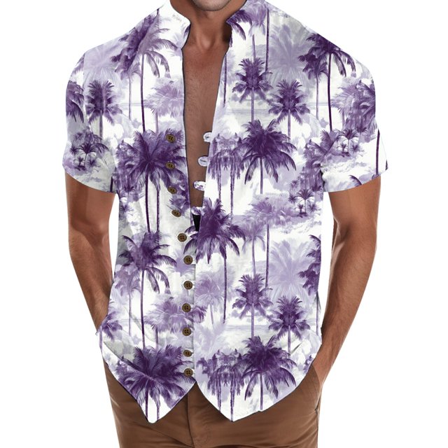 Camisas De Vestir Para Hombre Manga Corta Camisa de vacaciones en la playa Camisa de cuello con botones en los puños para hombre (Purple, 3XL)