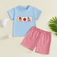 thumbnail image 2 of Ymyiu Toddler Boy Outfits Short Sleeve Toddler Baby Boy Clothes Short Sleeve Tops Shirt Casual Shorts Sets 2Pcs Summer Outfit 5T 6T (Light Blue,5-6 Years), 2 of 4