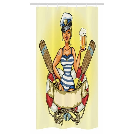 Girls Stall Shower Curtain, Pin-Up Sexy Sailor Girl Lifebuoy with Captain Hat and Costume Glass of Beer Feminine, Fabric Bathroom Set with Hooks, 36W X 72L Inches Long, Multicolor, by Ambesonne