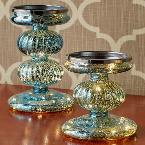 Set of 2 Lighted Mercury Glass Candle Holders Blue