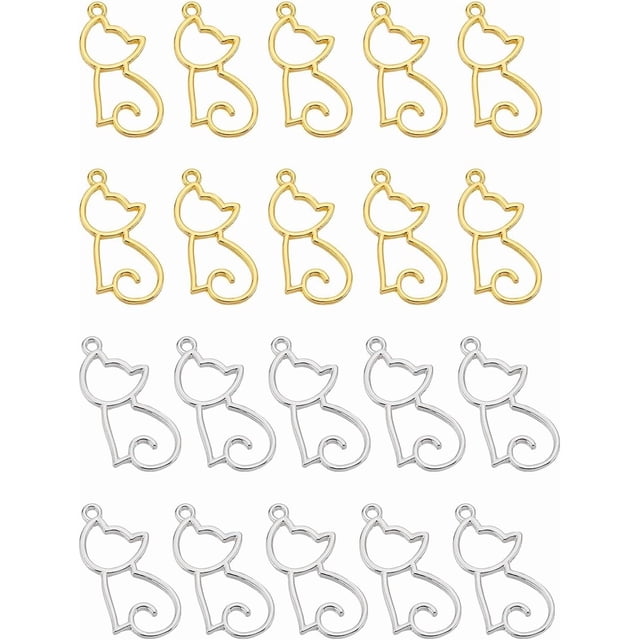 20 colgantes de gato de 2 colores con bisel abierto de aleación, bonitos dijes con marco hueco en blanco, dijes colgantes de animales.