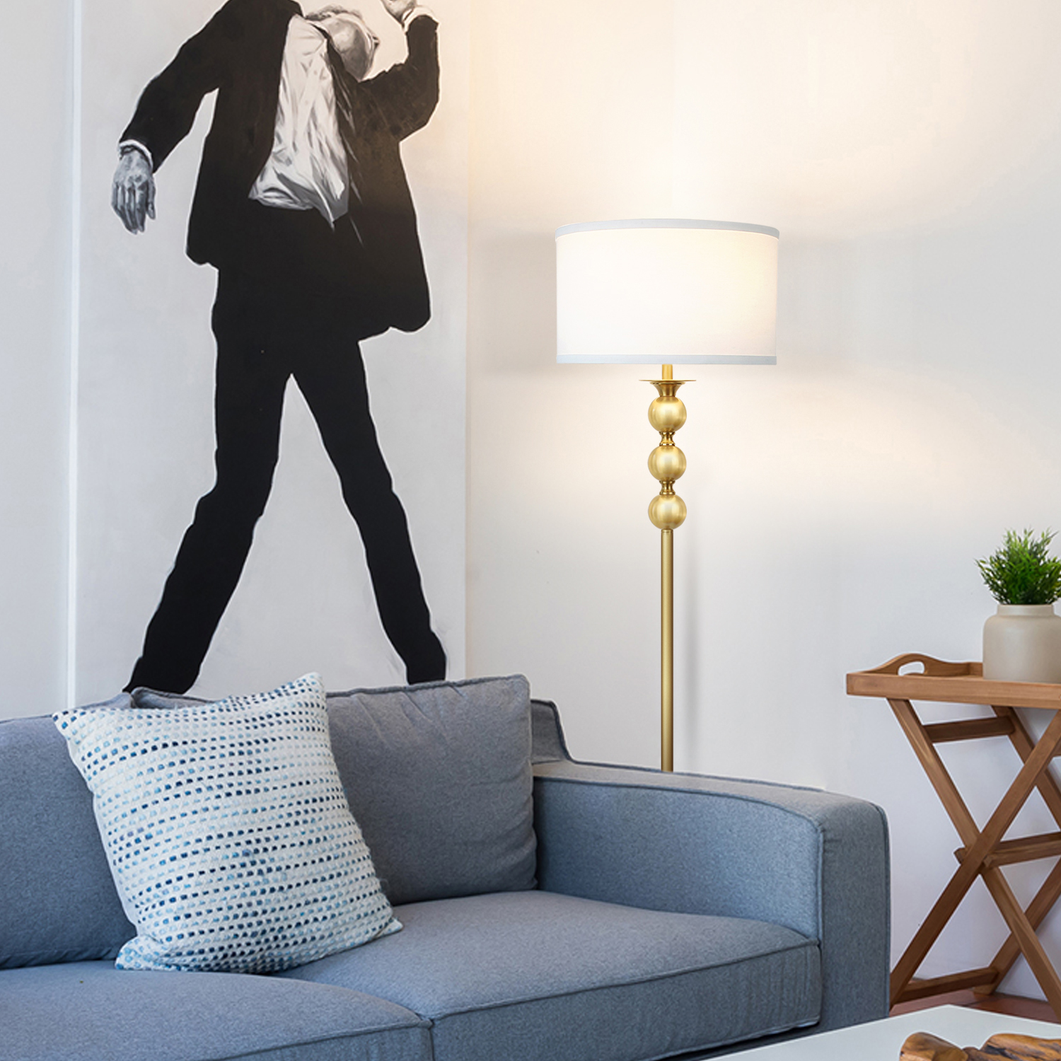 Brightech Riley 60 in. Antique Brass Mid-Century Modern 1-Light LED Super Bright Floor Lamp with White Fabric Drum Shade
