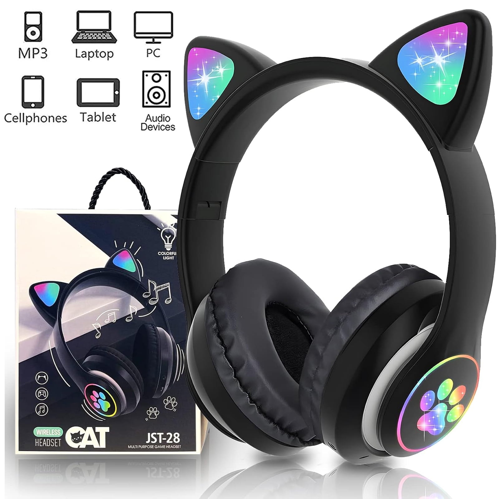 Kids Headphones, Cat Ear Wireless Headphones, LED Light Up Bluetooth over on Ear Black Headphones for Toddler Boy Girl Teen Children With Microphone for Phone/Tablet/Laptop/School Christmas Gift