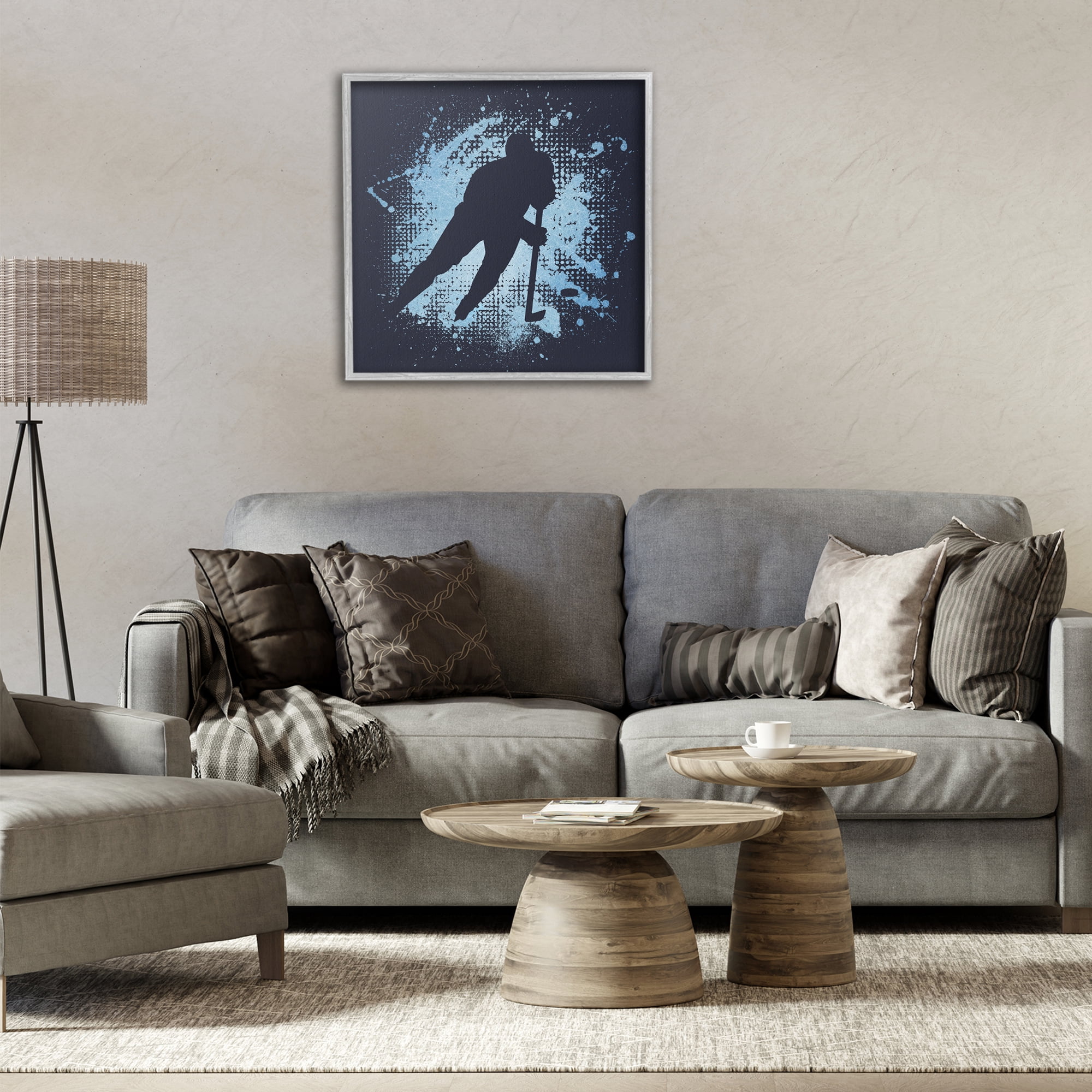 Stupell Industries Hockey Stance Blue Splash Sports Painting Gray Framed Art Print Wall Art, 24 x 24