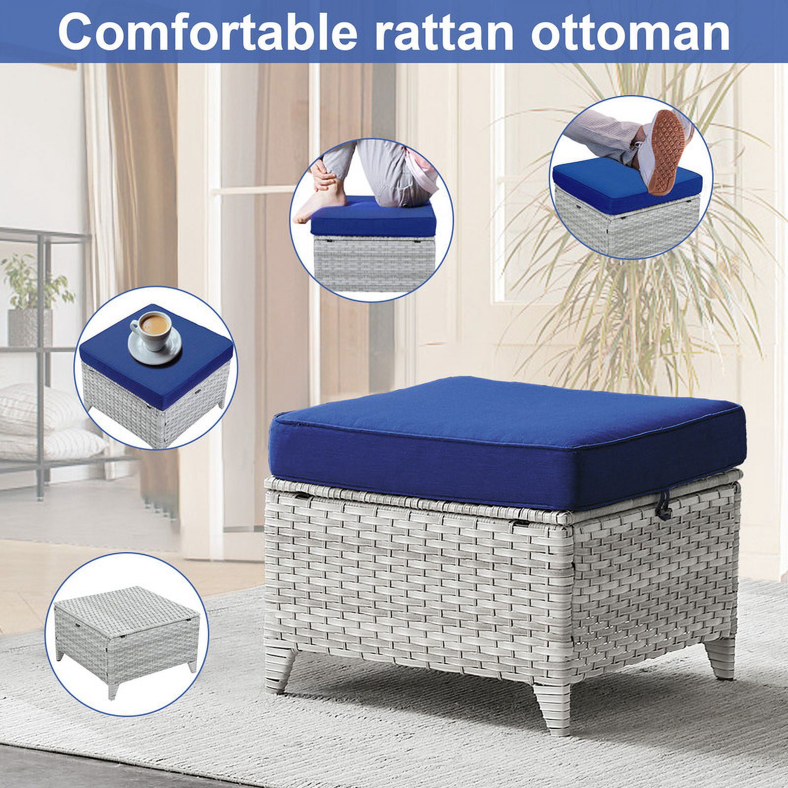 PARKWELL 2PCS Outdoor Wicker Ottoman Patio Rattan Furniture Footrest Seat Square Footstool w/Blue Cushion