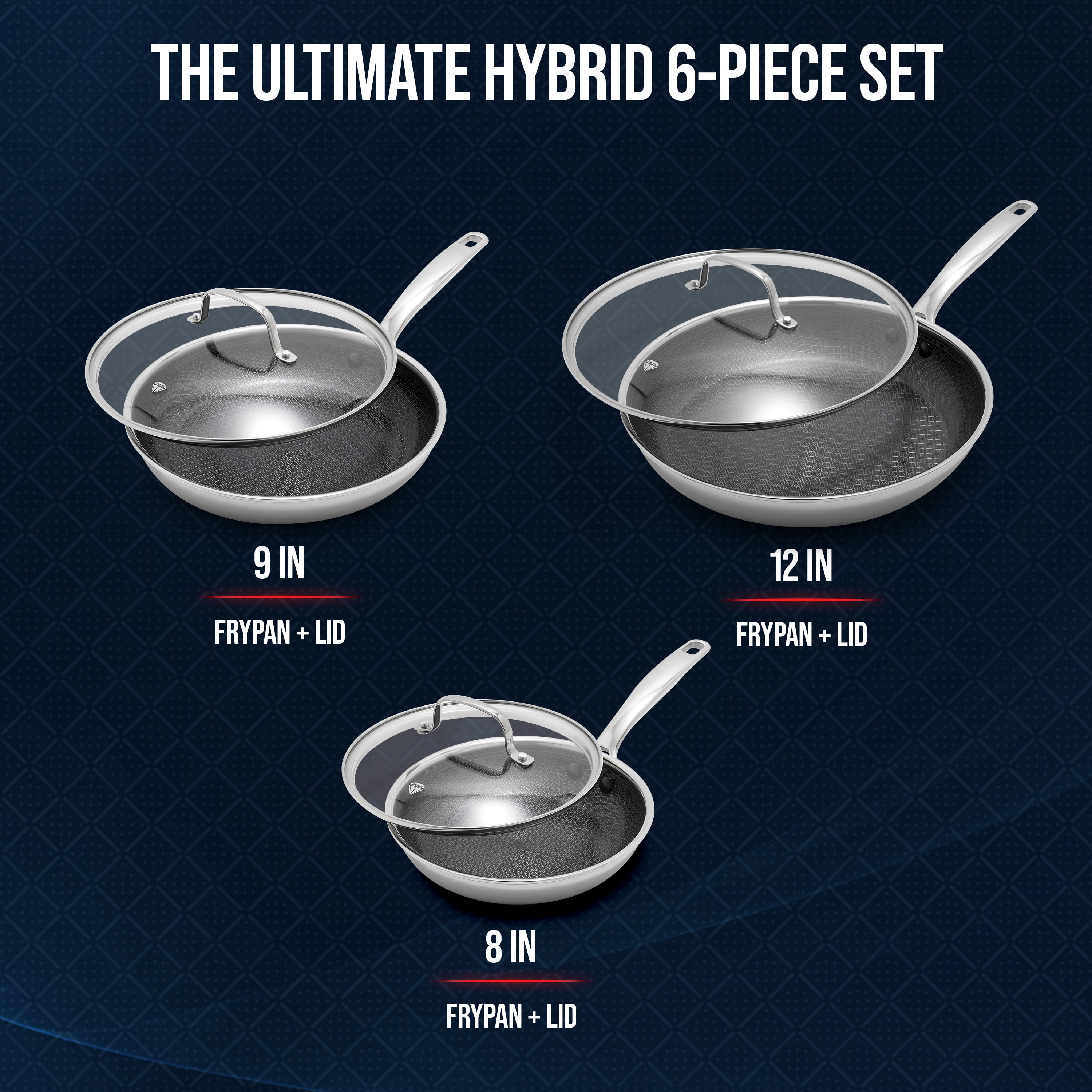 Blue Diamond Diamond Bond 6 Piece Hybrid Nonstick Fry Set with Glass Lids, Stainless Steel