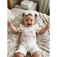 thumbnail image 5 of BemeyourBBs Newborn Baby Girls Little Sister Outfit Waffle Knit Ruffle Romper Little Sis Letter Embroidery 3D Floral Short Sleeve Infant Bodysuit Jumpsuit Headband Cute Baby Girl Summer Clothes, 5 of 9