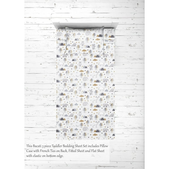 Bacati - Toddler Bedding/Sheet Set 100% Cotton Percale, Woodlands Beige/Grey
