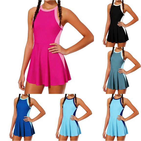 PRfgtbd Girls Swimsuit One Piece Bathing Suit Color Block Swim Dress Adjustable Straps Swimwear With Bottom Summer Modest Fit Swimdress Beachwear 7-8 Years