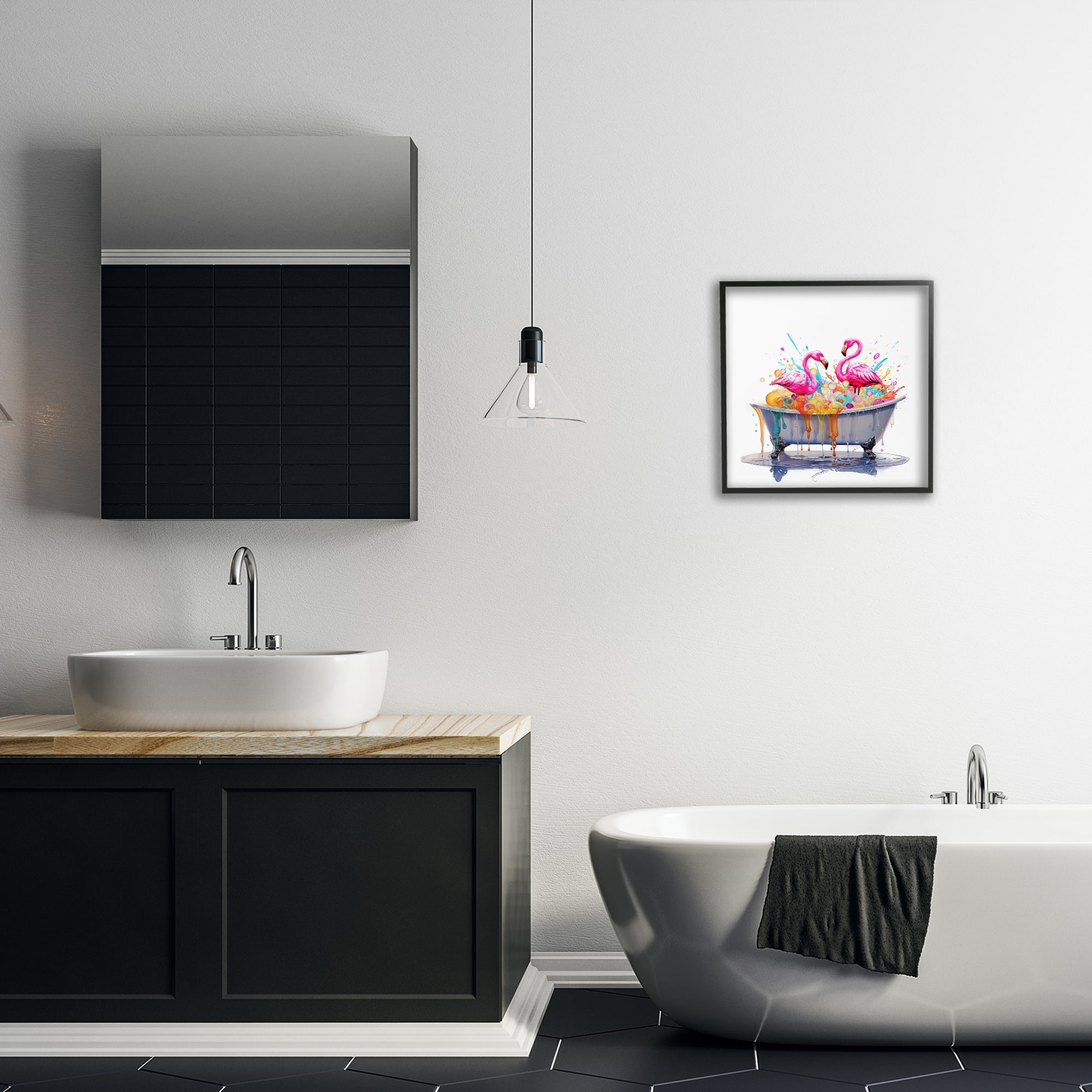 Stupell Industries Flamingo Bubble Bath Typography Painting Black Framed Art Print Wall Art, 17 x 17
