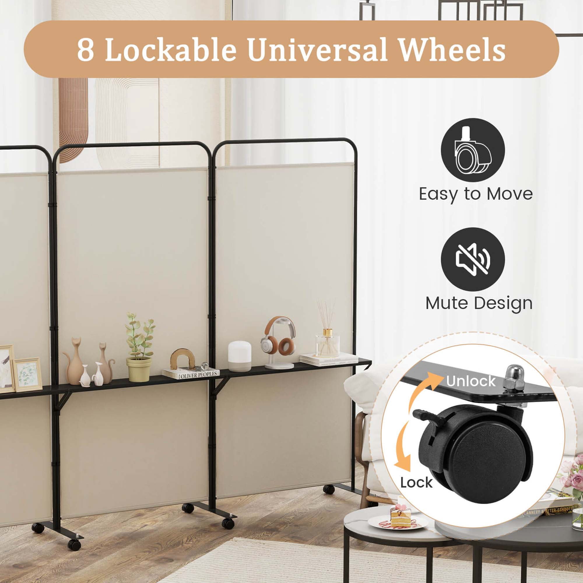 Costway 3-Panel Room Divider with Storage Shelves 6FT Tall Folding Privacy Screen on Wheels White