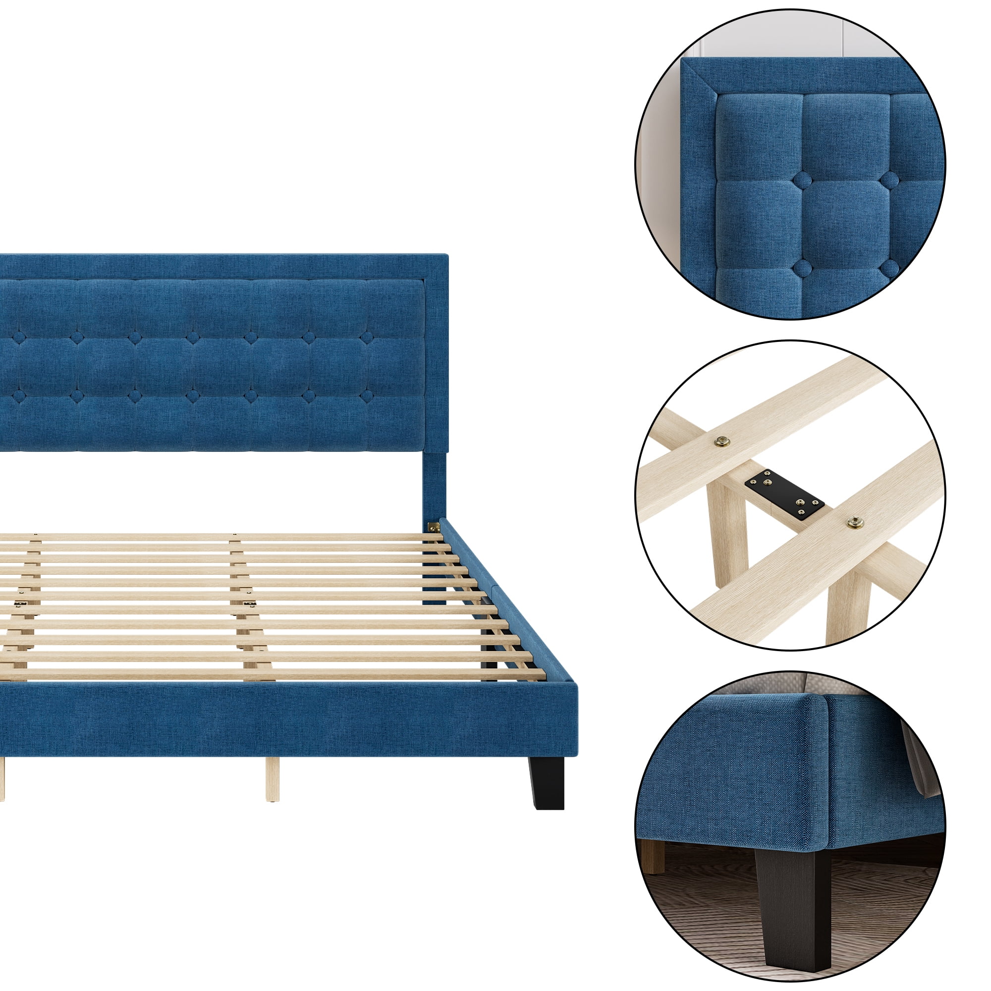 Full/Queen/King Size Bed Frame with Upholstered Button Headboard, Modern Upholstered Platform Bed with Heavy Duty Base and Wood Slat Support, No Box Spring Required, No Noise, Easy Assemble