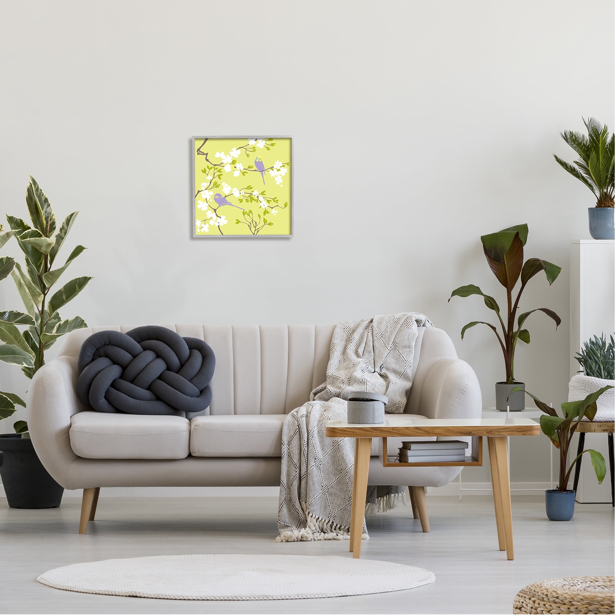 Stupell Industries Parakeets & Cherry Blossoms Animals & Insects Painting Gray Framed Art Print Wall Art, 17 x 17