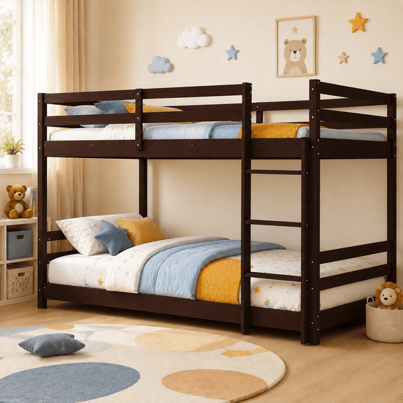 UBesGoo Low Twin Over Twin Bunk Bed, Wood Frame with Reversible Ladder, Guardrails, Converts to 2 Beds, Brown