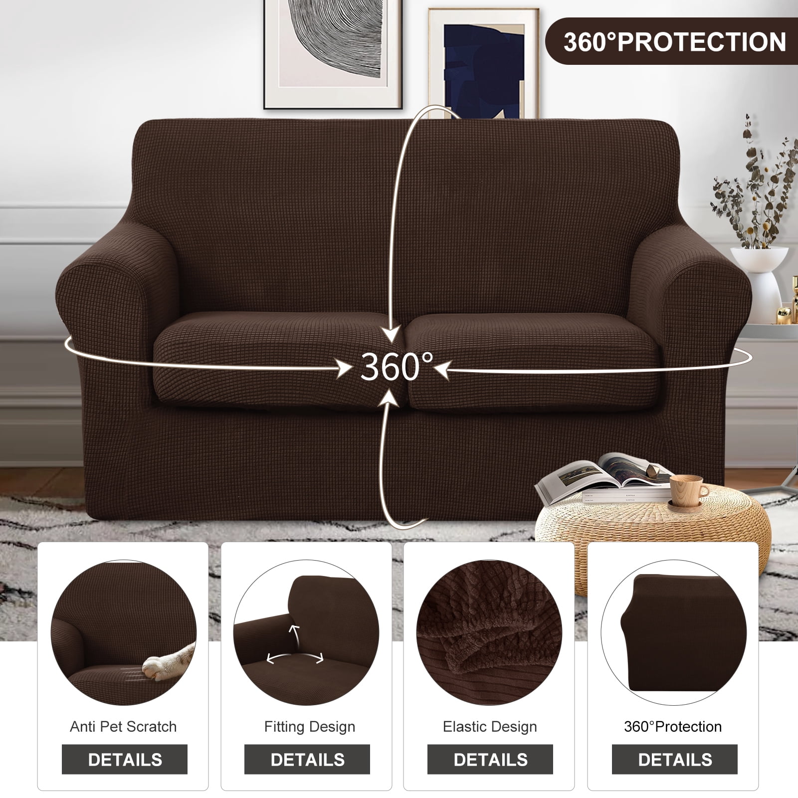 U-NICE HOME 3 Pieces Stretch Loveseat Cover Couch Cover Sofa Cover Washable Sofa Slipcover With Individual Seat Cushion for 2 Cushion Couch Sofa Pet Friendly, Chocolate