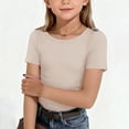 thumbnail image 3 of Resicozy Girls Shirts Cute Basic Tees Summer Ribbed Top Teens Short Sleeve Vacation T-Shirt for Kids 5-13 Years Beige 130, 3 of 7