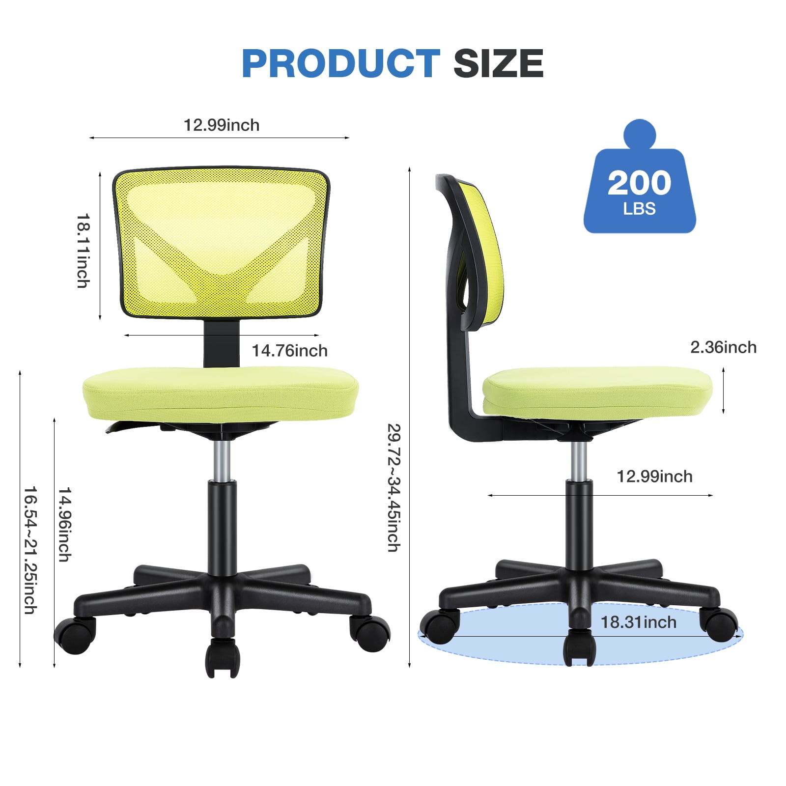 JOINSUN Armless Home Office Desk Chair for Small Space, Adjustable Height, Swivel Rolling Mesh Computer Chair, Green