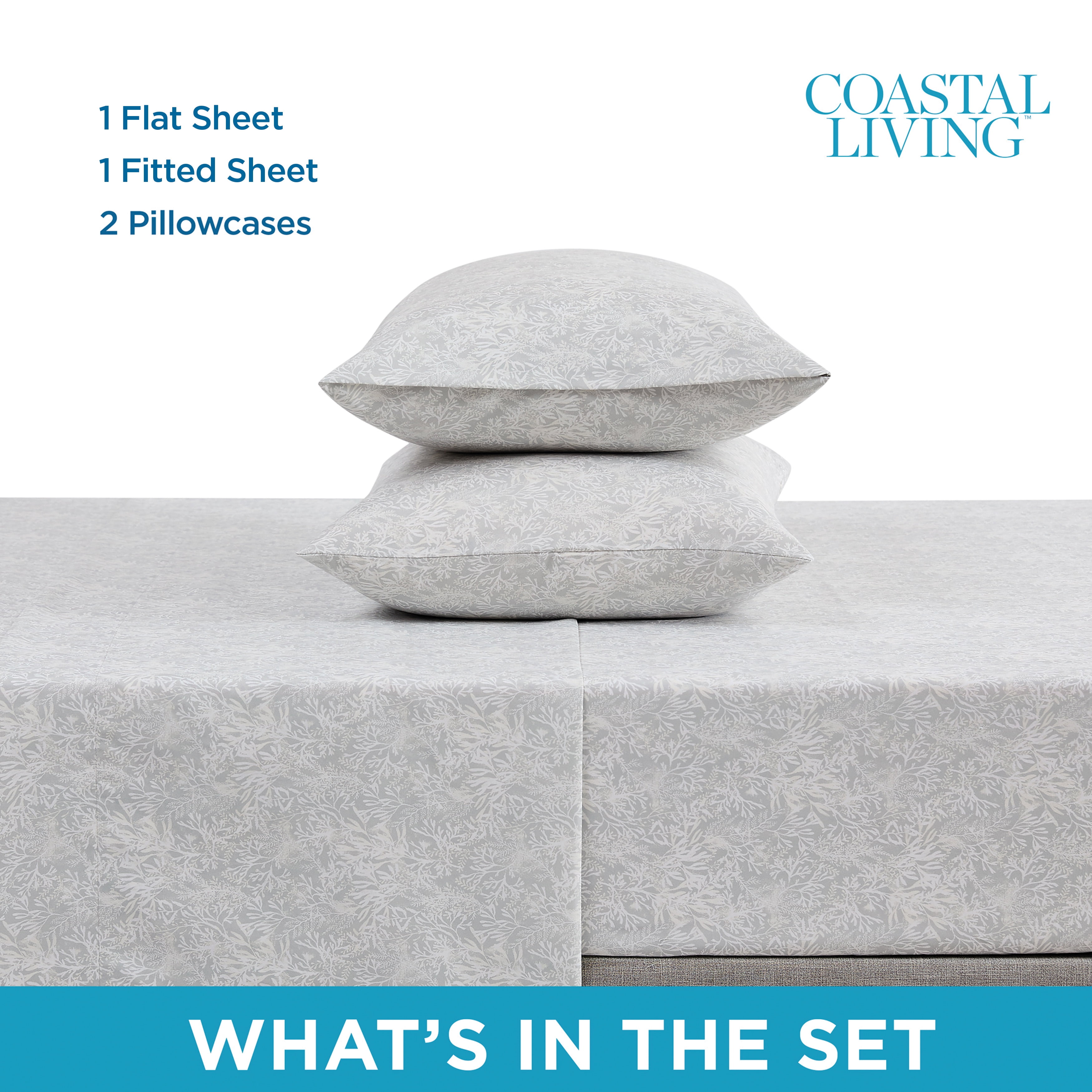 Coastal Living 4-Piece Grey Print Soft Brushed Microfiber Luxury Cooling Sheet Set, Queen