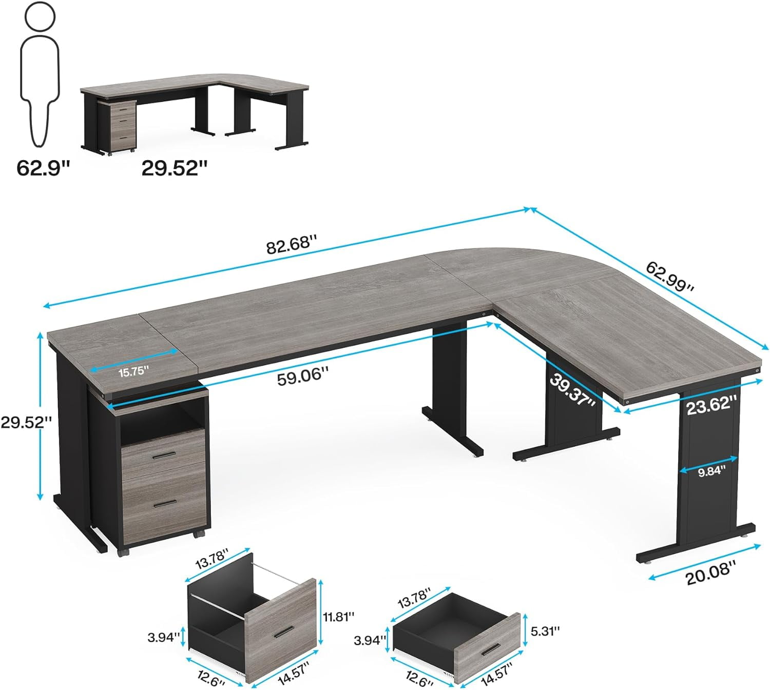 Tribesigns Reversible Executive Desk with 3 Drawer File Cabinet, L Shaped Desk, Gray
