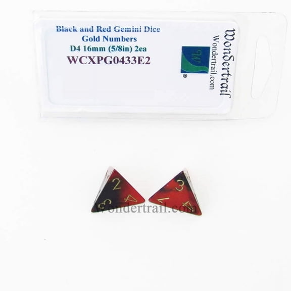 Black and Red Gemini Dice with Gold Numbers D4 Aprox 16mm (5/8in) Pack of 2 Wondertrail