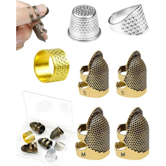 7 Pcs Sewing Thimble Kit Premium Metal Finger Protectors Adjustable Thimble Rings Durable Finger Guards for Hand Sewing Quilting Embroidery DIY Craft
