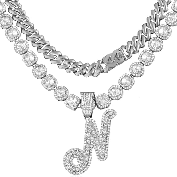 2Pcs Cuban Link Chain For Women Cursive Silver Initial Necklace Cuban Link Necklace For Women Hip Hop Iced Out Chain Necklace Bling Diamond 14Mm Cuban Chain Letter Name Hip Hop Jewelry[Z4622]