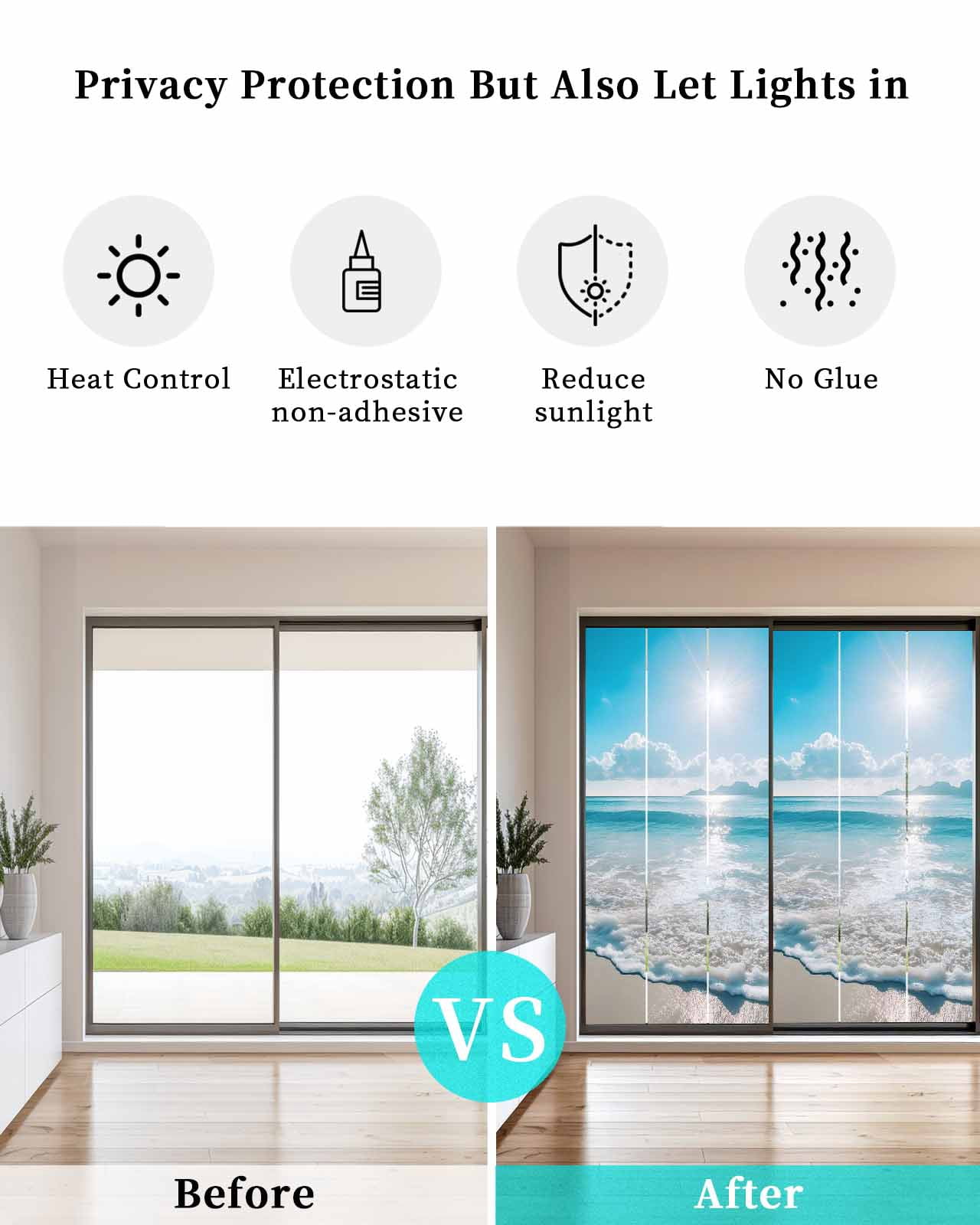 Window Privacy Film Coastal Beach Stained Glass Window Film Decorative Sun Block Window Cover Blue Ocean Sunrise Waves Sand Shore Window Clings Static Adhesive Sticker for Bathroom 19.6"x39.3"