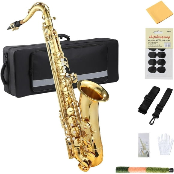 YUSAZENS AS200 B-Flat Tenor Saxophone, Gold Lacquer with Mouthpiece, Reeds, Strap, Case, Cleaning Cloth & Brush, Tenor Sax for Beginners & Professionals