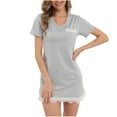 thumbnail image 2 of QUINDOS Satin Pajama for Women Short Mini Nightgowns for Women Short Sleeve V Neck Sleep Dress Casual Solid Lace Pockets Sleepwear Night Dress, 2 of 4