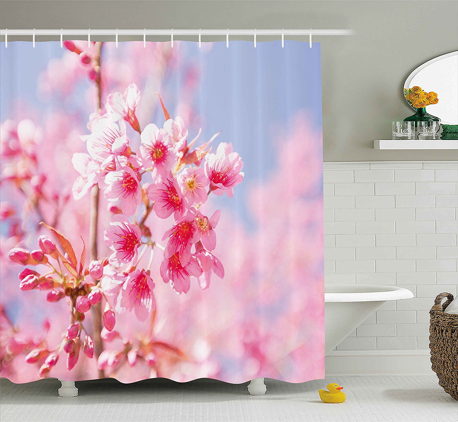 79" Bathroom Waterproof Fabric Shower Curtain Set Pink Flowers Tree Path Forest 