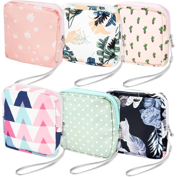 CEYAZYE 6 Pcs Sanitary Napkin Storage Bag, Portable Waterproof Period Pouch with Zipper, Small First Period Pad Bag Feminine Care with Lanyards for Women Office Supplies