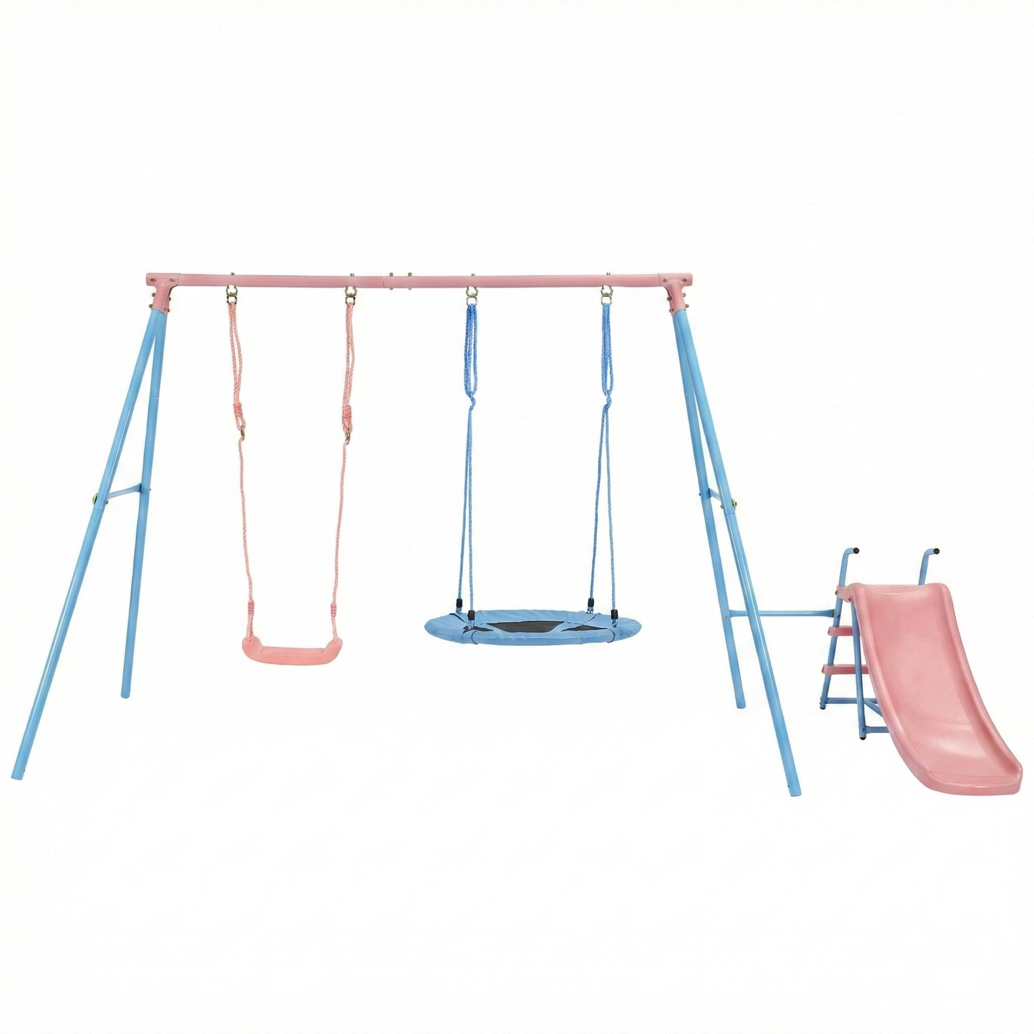 3 in 1 Metal Swing Set Outdoor , SHINPT Toddler Swing Set for Backyard, Tall Swing Set with Slide, Saucer Swing Seat, Belt Swings Seat, Heavy Duty Swing Set for kids, Kids Playset Outdoor