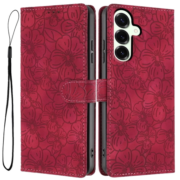 Decase Flip Case for Samsung Galaxy S25,Embossed Cherry Blossoms Flip PU Leather Wallet Cover,Magnetic Flip Closure Shockproof Cover with Wrist Strap,Red