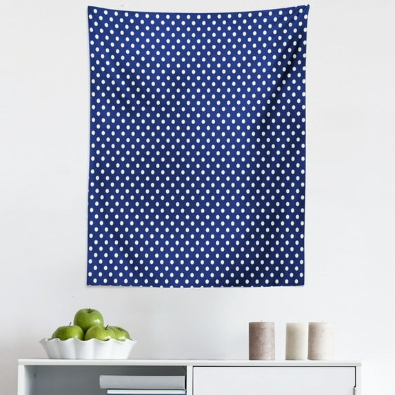 Retro Tapestry, Pattern Polka Dots on a Sailor Indigo Background Vintage Tile Geometric, Fabric Wall Hanging Decor for Bedroom Living Room Dorm, 5 Sizes, White and Indigo, by Ambesonne