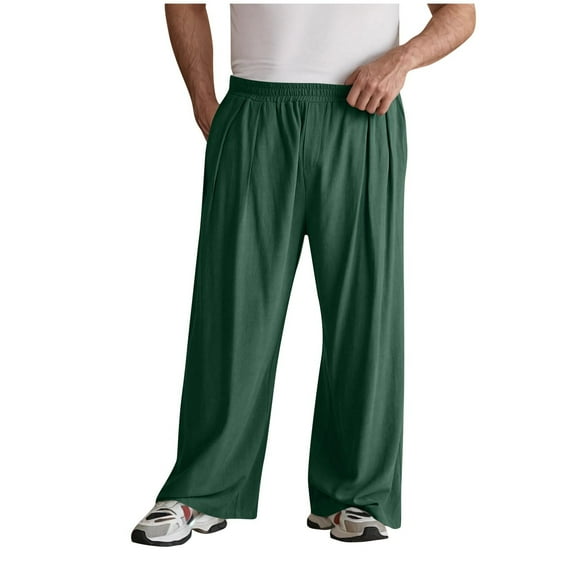 Dagegui Under $15 Baggy Cotton Linen Pants for Men Casual Elastic Waist Wide Leg Pant Oversized Summer Beach Vacation Trousers with Pockets Green L