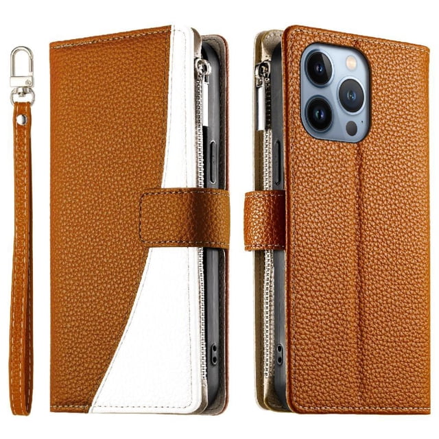 Funda cartera GANGXUN para iPhone 13 Pro , cuero PU con tarjetero, cremallera, correa de mano, soporte y protección 638°