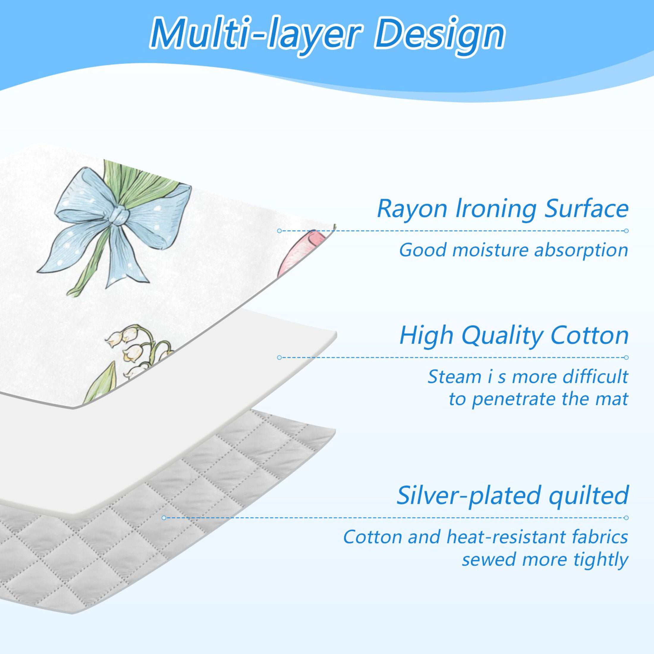 Pastel Bows on Flowers Ironing Mat Blanket Portable Travel Ironing Pad Heat Resistant Pad 47.2" x 27.6”