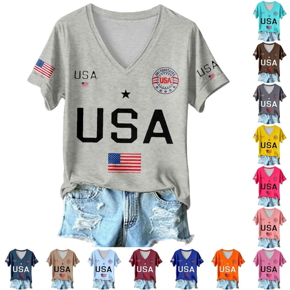DHFJKG 4Th Of July Shirts For Women V Neck Short Sleeve Letter Graphic Tees 1776-2026 250Th Anniversary USA T Shirt Top