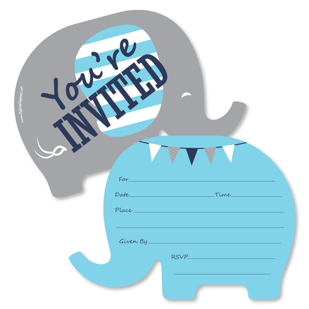 Blue Elephant - Shaped Fill-In Invitations - Boy Baby Shower or
