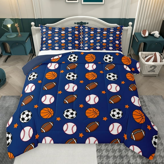 Homewish Ball Sport Lovers Bedding Comforter Set,Basketball Football Baseball Twin Comforter Sets,Deepblue White Browne Bedding Set For Boys Kids,Ultra Soft Home Decor Reversible,2-Piece