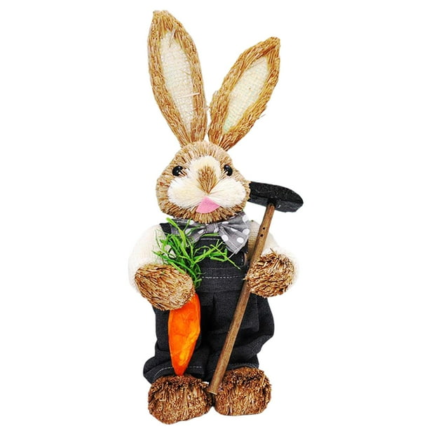 Muñeco de conejito de paja de Pascua de 35 cm de pie, figura decorativa realista hecha a mano para Estilo D