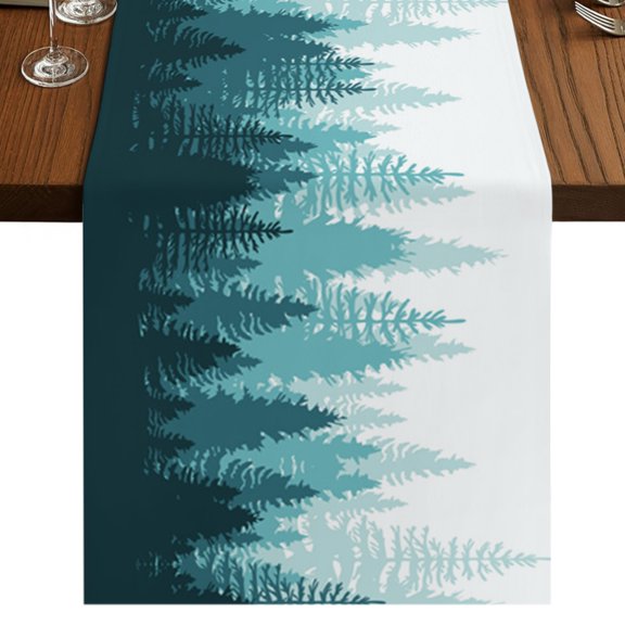Teal Forest Table Runner 48 Inches Long, Nature Woodland Tree Misty Forest Silhouette Landscape Cotton Linen Dining Table Runner Dresser Scarves for Home Kitchen Party Decor 13"x48"