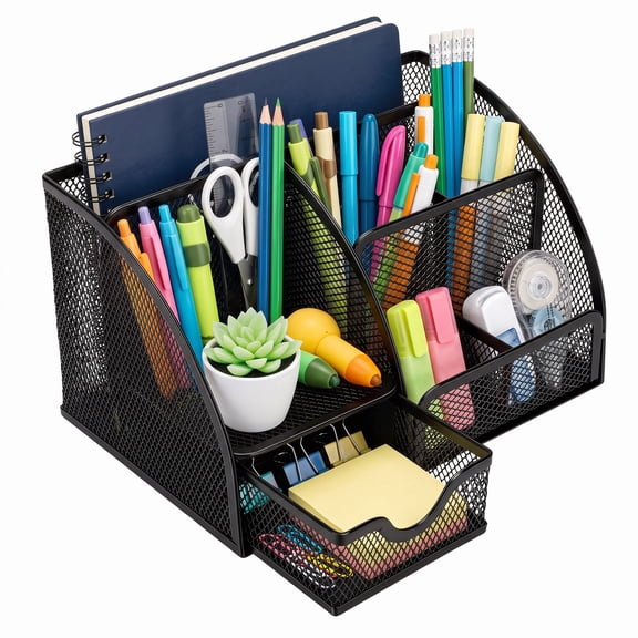 FAGINEY 7 Compartment Mesh Desk Organizer with Drawer, Multi-functional Desk Caddy, Desktop Pen Holder, Stationery Storage for Office, School & Home