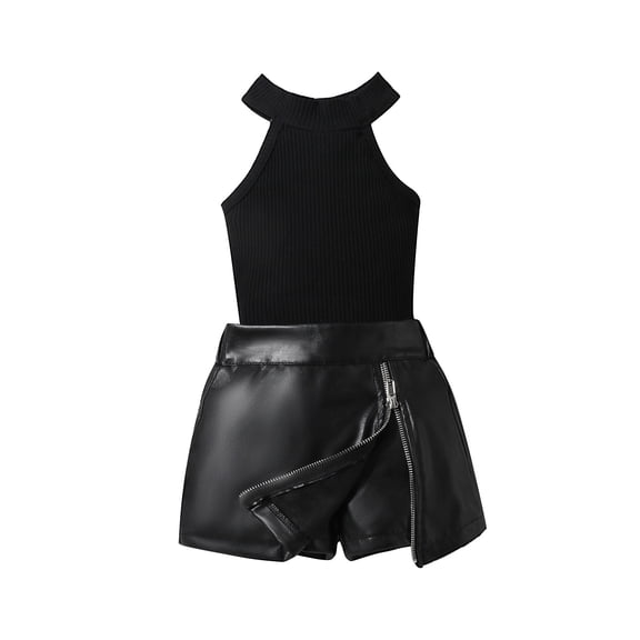 KVPLBQFD Girls 2 Piece Sets Kids Sleeveless Tank Tops Matching Black Leather Skort Shorts Summer Outfits Toddler Trendy Vacation Travel Set Cute Baby Girls Clothes