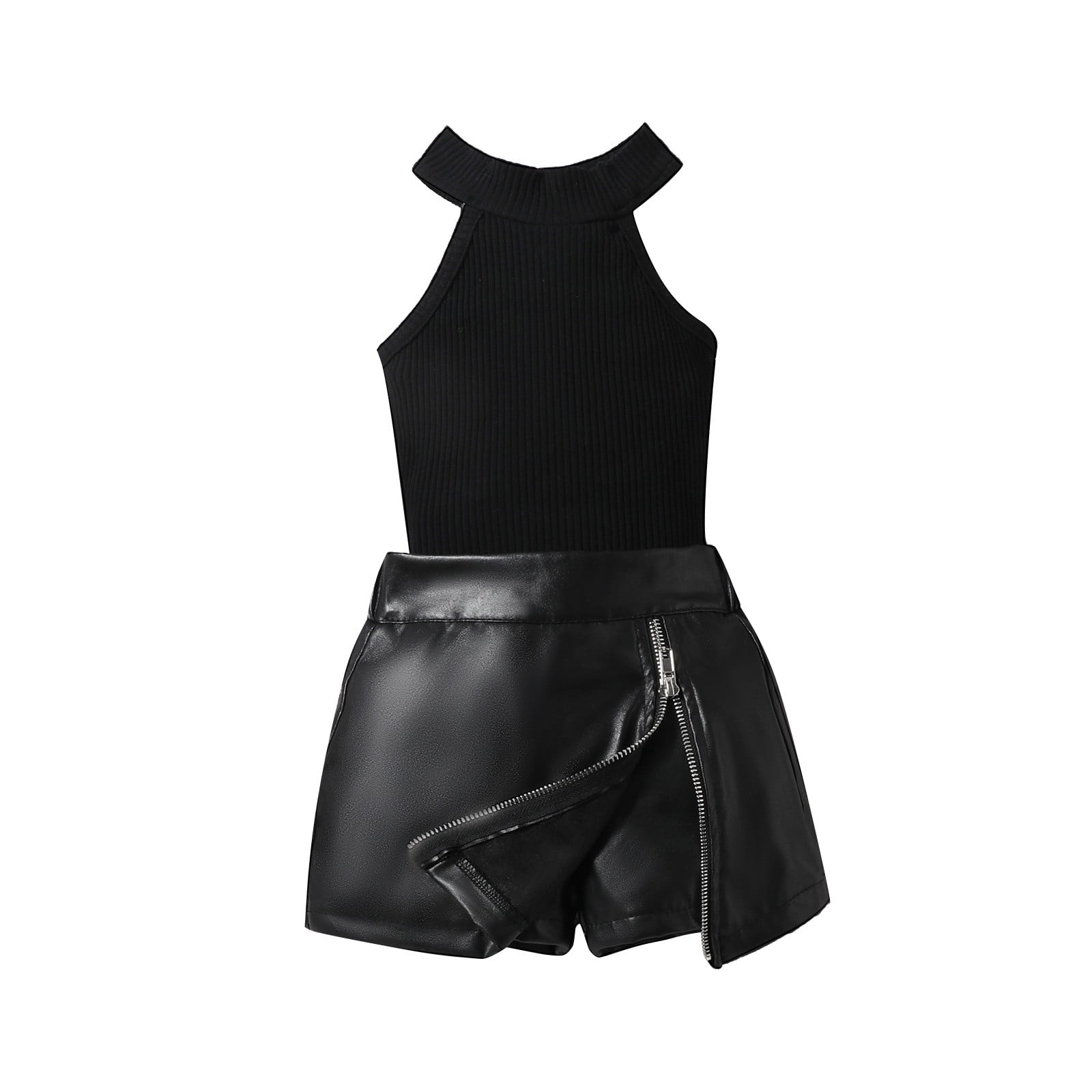 KVPLBQFD Girls 2 Piece Sets Kids Sleeveless Tank Tops Matching Black Leather Skort Shorts Summer Outfits Toddler Trendy Vacation Travel Set Cute Baby Girls Clothes